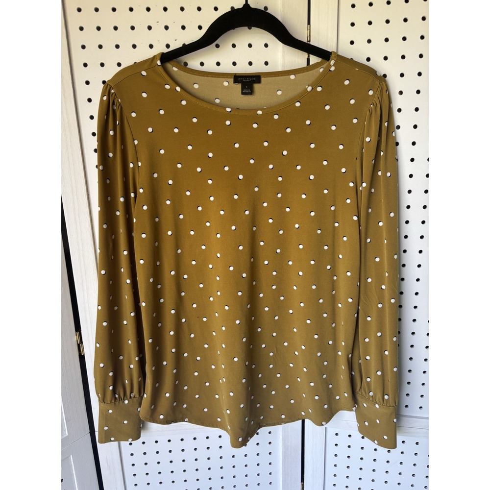 Ann Taylor Factory‎ Long SLV Mustard Yellow Polka Dot Blouse Top Women's Small